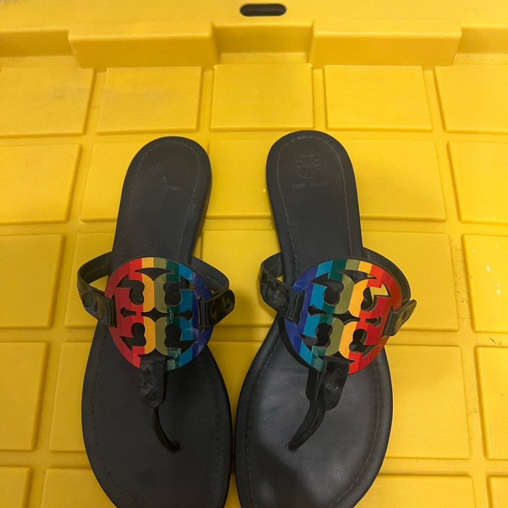 Tory Burch Black Sandals with Rainbow Logo